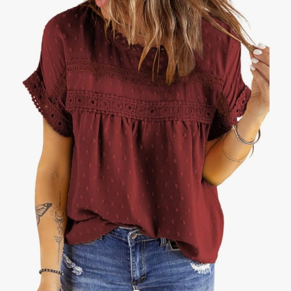 Wine Red Lace Crochet Chiffon Button Detail Blouse